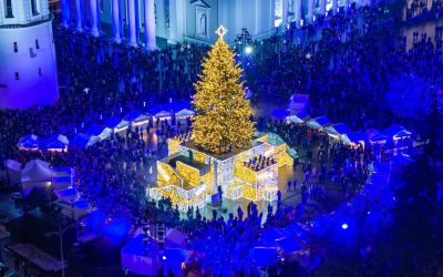 Pagrindinėje Vilniaus aikštėje iškilmingai įžiebta natūrali Kalėdų eglė 2023-12-01